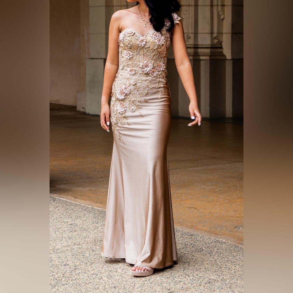 one shoulder beige/tan prom dress